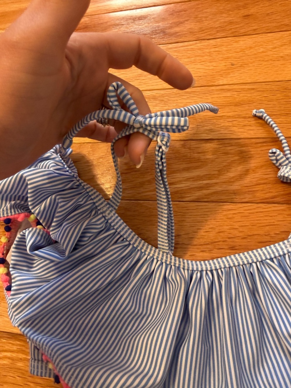 Striped Off-Shoulder Ruffle Bikini Set with Pom Trim - Picture 3 of 4